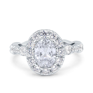 Oval Art Deco Halo Wedding Bridal Ring Simulated Cubic Zirconia 925 Sterling Silver